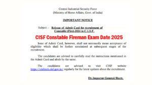 CISF Constable Fireman Exam Date 2025